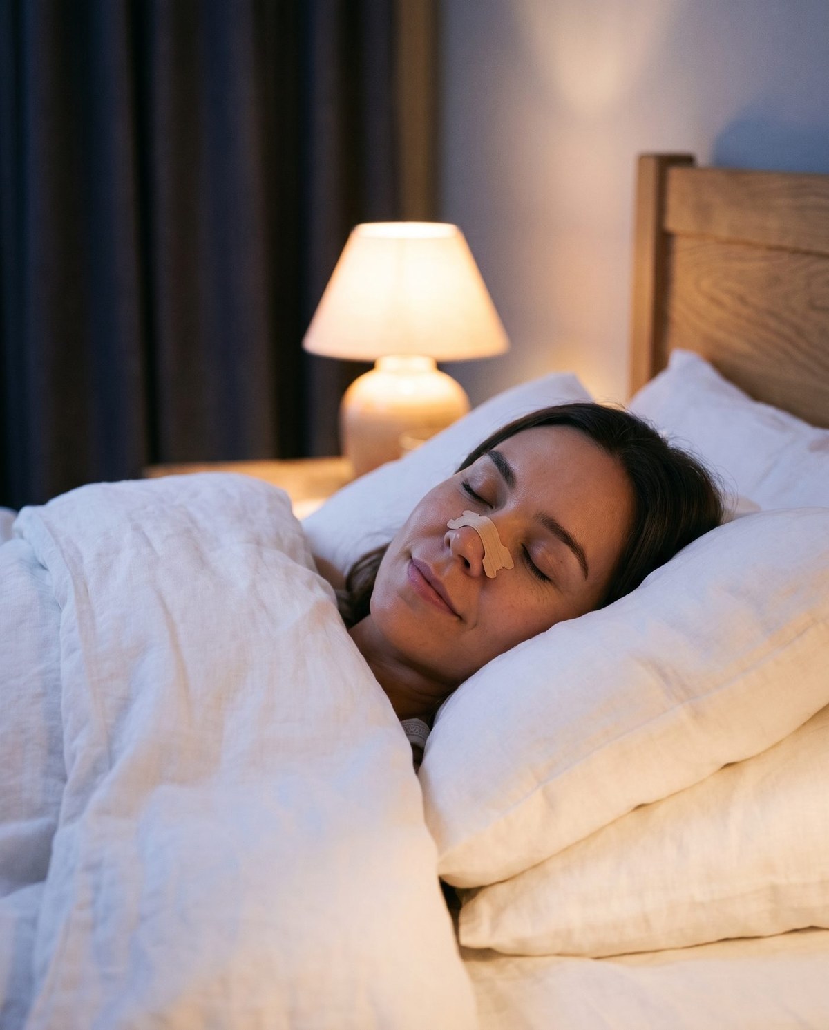 Woman sleeping peacefully wearing a Resta nasal strip